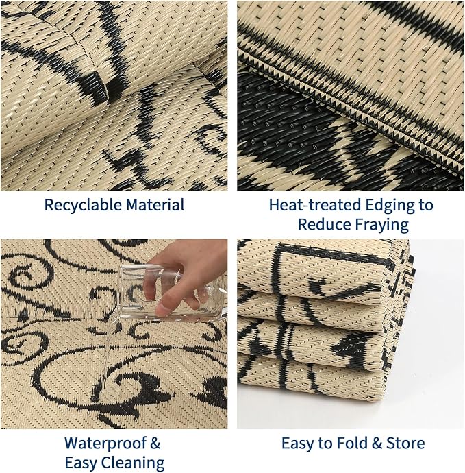 Garvee Outdoor Rug 9x18 Outdoor Patio Rug Reversible Plastic Straw Rugs Waterproof Foldable Mat Easy Clean Lightweight Carpet for Backyard Camping Porch RV Beach Balcony Deck Picnic Vintage Beige