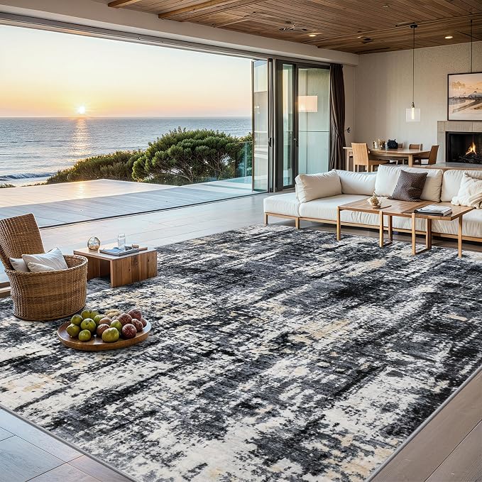 PLHXFR 9x12 Area Rug Living Room: Abstract Washable Carpet Black Gold | For Bedroom Dining Room Farmhouse Nursery Home,Machine washable,Non Slip,Large Soft Neutral,Stain Resistant, Indoor Floor