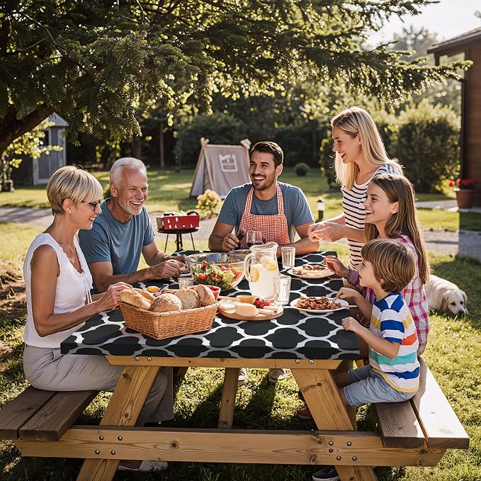Fitted Picnic Table Cover with Chair Covers Elastic Water Resistant Camping Tablecloth for 8 Foot Rectangle Tables Garden Patio Outdoor Organization Road Trip Hiking Motorhome Essential Gift