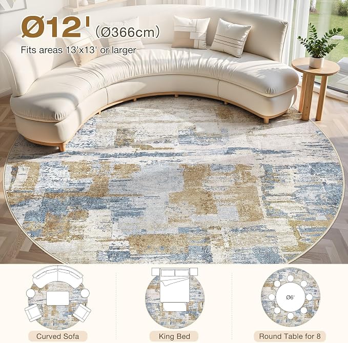 kakania Abstract 12x12 Round Rugs for Living Room: Circle Rugs 12FT Blue | Washable, Soft, Non-Slip, Low-Pile, Pet & Kid Friendly - Large Modern Home Decor Carpet for Bedroom/Dining Room/Nursery
