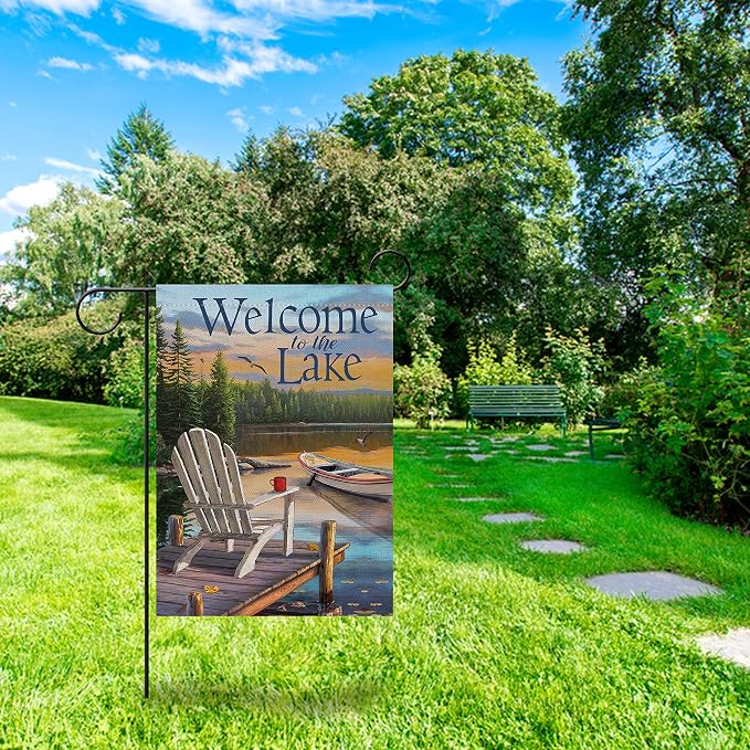 Furiaz Summer Spring Welcome to the Lake Adirondack Chairs Small Decorative Garden Flag, Lakehouse Lakeside Boat Ocean Yard Outside Burlap Decoration Outdoor Decor Double Sided 12x18