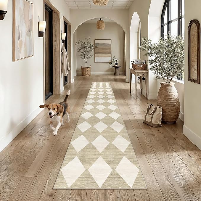 2'6x12 Washable Runner Rug Kitchen Beige Non Slip Checkered Carpet | Soft, Low Pile, Easy Clean, Diamond Pattern for Hallway, Entryway, Laundry Room, Bathroom, Modern Neutral Decor