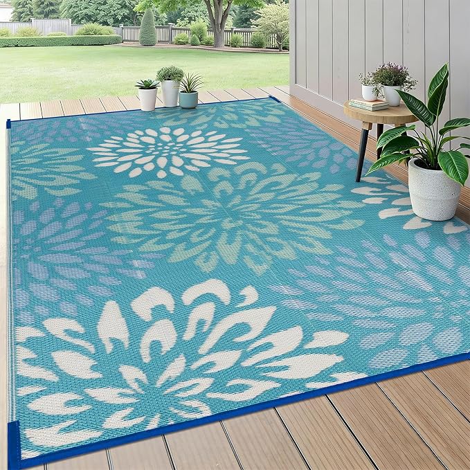 HEBE Waterproof Outdoor Rug 6x9 for Patios, Floral Reversible Plastic Straw Rug Patio Mat, Indoor Outdoor Carpet RV Mat Camping Rug for Deck, Camper, Porch, Balcony, Backyard, Picnic