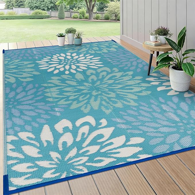 HEBE Waterproof Outdoor Rug 5x8 for Patios, Floral Reversible Plastic Straw Rug Patio Mat, Indoor Outdoor Carpet RV Mat Camping Rug for Deck, Camper, Porch, Balcony, Backyard, Picnic