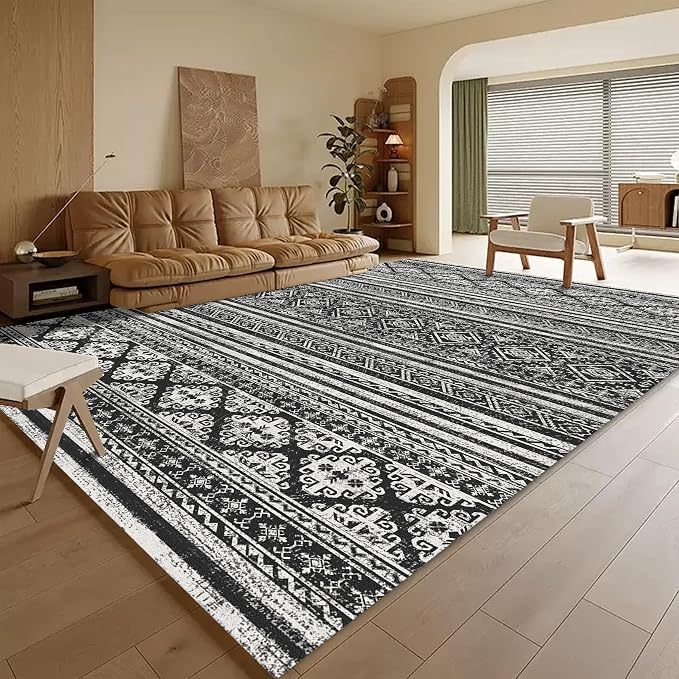 Washable Area Rugs 4' x 6' - 1/6 Thick - Moroccan-Inspired -Stain & Water Resistant Non-Slip - Resistant Rug for Living Room, Bedroom, Nursery, Pet & Child Friendly (Black)