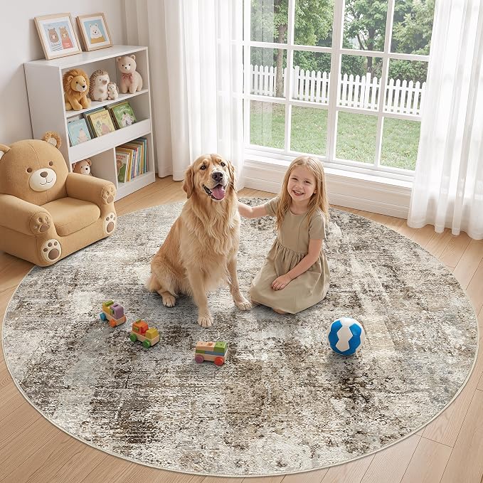 8Ft Round Area Rug Washable Abstract Rugs for Living Room Dark Brown | for Bedroom, Dining Room, Office, Nursery, Soft Neutral, Low Pile Non-Slip, Kid Pet Friendly, Large Indoor Carpet, Home Decor