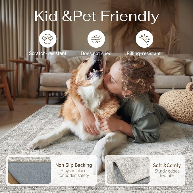 Gray 6x9 Washable Area Rug Living Room Vintage Distressed Carpet | Soft Low Pile, Non Slip, Stain Resistant, Traditional Retro Decor for Bedroom, Dining Room, Office, Kids Room