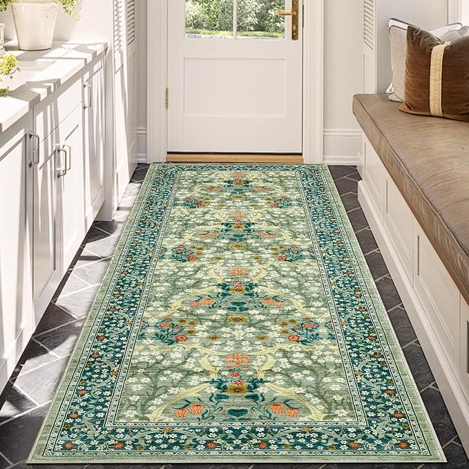 GarveeHome Sage Green Floral 2x6 Washable Kitchen Runner Rug | Vintage Stain Resistant Rugs for Entryway Hallway Bedroom Bathroom Low-Pile Non-Slip Soft Botanical Boho Rug TPE Backing