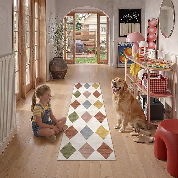 2x6 Washable Runner Rug Kitchen Colorful Non Slip Checkered Carpet | Soft, Low Pile, Easy Clean, Diamond Pattern for Hallway, Entryway, Laundry Room, Bathroom, Modern Indoor Decor