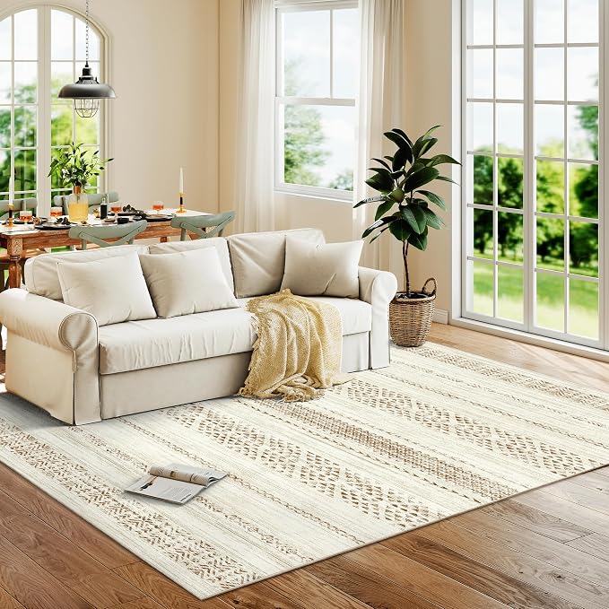 Miukiki 5x7 Washable Area Rug for Living Room, Soft Non Slip Rug Brown | Non-Slip Thin Throw Rug for Bedroom Kitchern Dining Room Office, Low Pile Indoor Floor Carpet with Vintage Pattern 5'x7'