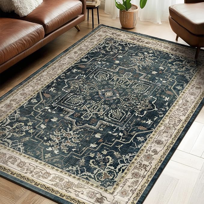 Distressed Vintage 5x7 Area Rugs for Living Room Bedroom Non Slip Washable, Medallion Pattern Printed Low Pile Farmhouse Carpet Rugs for Dining Room/Kitchen/Home Office, Midnight/Multi