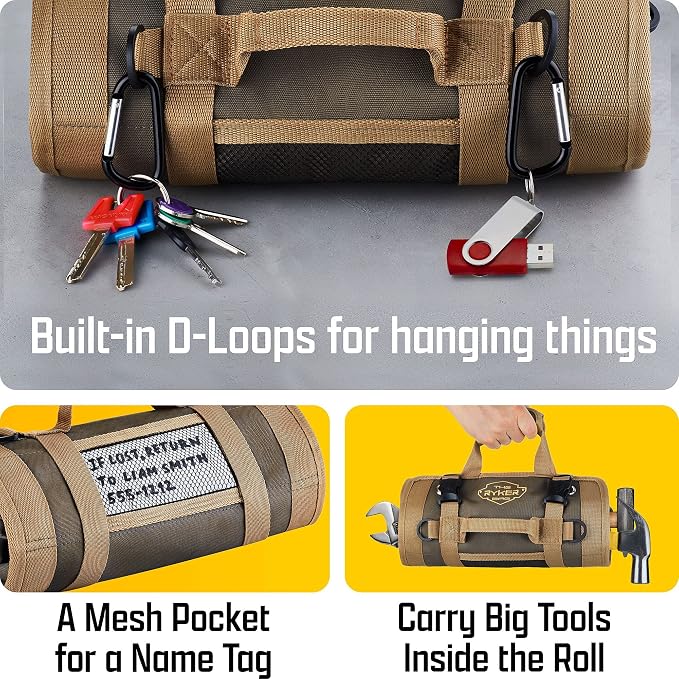 Ryker Original Heavy Duty Roll Up Tool Bag Organizer w/Detachable Pouches | Tool Roll Up Bag Dad Gifts for men / him. Portable Truck & Motorcycle accessories. Mechanic & Electrician Rollup Tools Bags