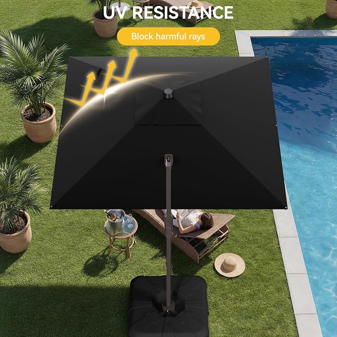 10x10FT Cantilever Outdoor Umbrella with Base, 360° Rotating Large Offset Square Patio Umbrella, Ideal for Garden Backyard Deck Courtyard, Black