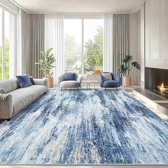 AMADA HOMEFURNISHING 8x10 Area Rug for Living Room, Modern Abstract Rug with Non-Slip Backing & Low Pile, Large Washable Rug with Abstract Pattern for Bedroom, Dinning Room, Home Office,Blue