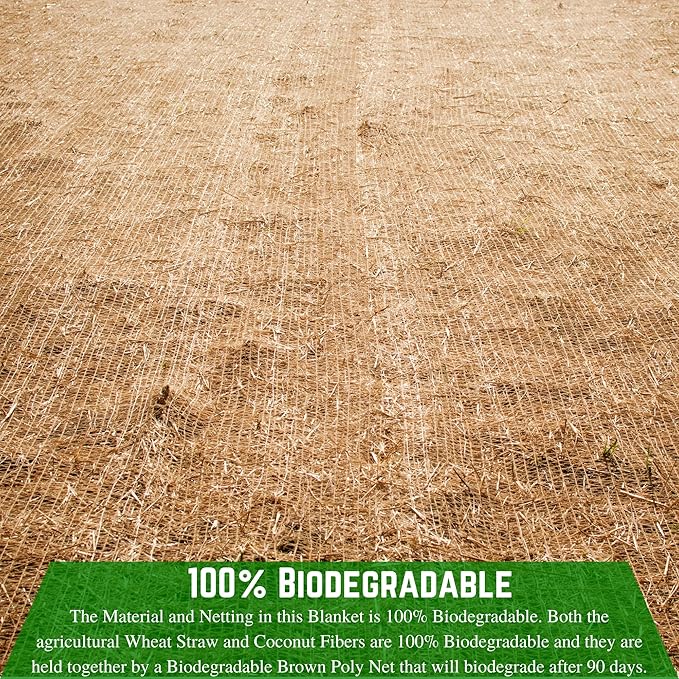 Farm Plastic Supply 100% Biodegradable Erosion Control Blanket - Straw/Coconut Straw Garden and Landscape Cover, Straw Blanket, Erosion Control (7' x 112.5')