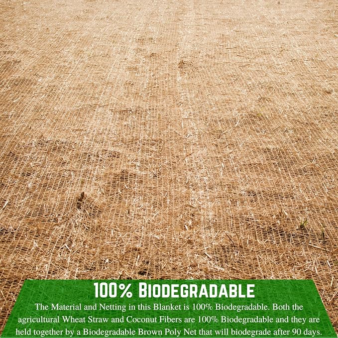 Farm Plastic Supply - 100% Biodegradable Erosion Control Blanket - Straw/Coconut Straw Garden and Landscape Cover, Straw Blanket, Erosion Control (5' x 112.5')