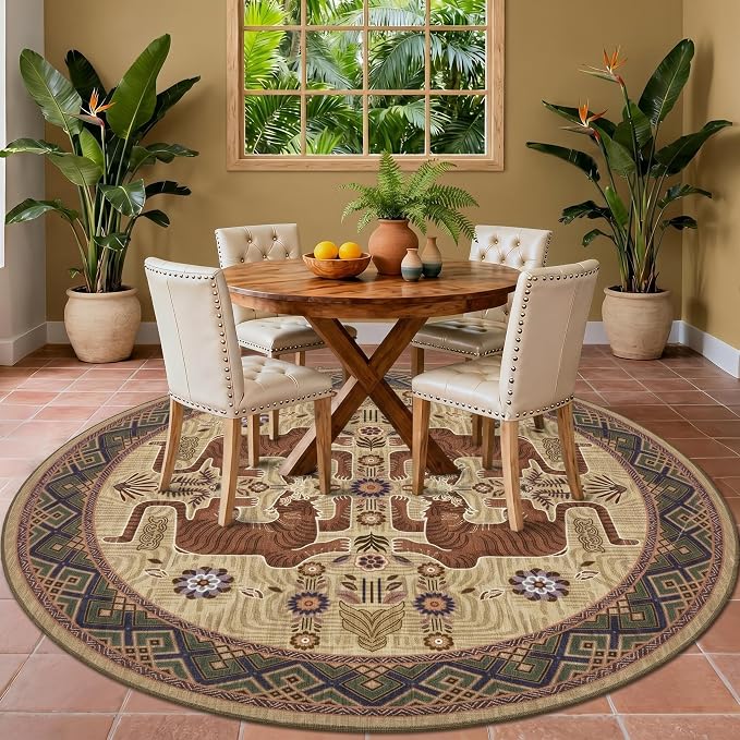 GarveeHome Tiger Round Area Rugs Boho Kids Room Non Slip Washable Vintage | 6ft Camel Animal Print Circle Rugs, Tribal Floor Carpet for Dining Room Entryway Nursery Playroom Office
