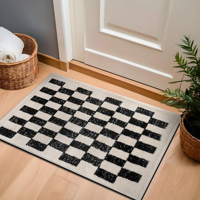 Rugshop Contemporary Checkered Grid Contrast Area Rug Soft Black 2' x 3' | Rectangular, Size 2' x 3', Living Room, Bedroom, Dining Room, Home Office, Kitchen, Entryway, Hallway, Nursery, Kids Room