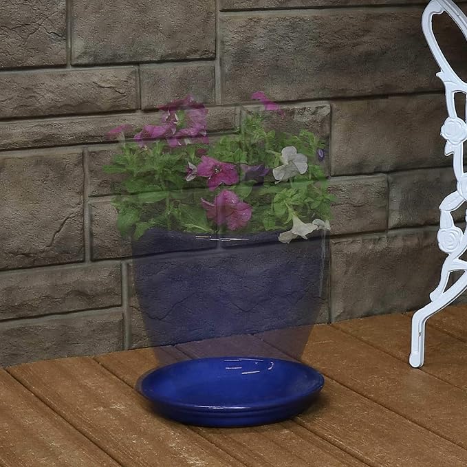 Sunnydaze 7-Inch Ceramic Plant Saucers - Plant Drip Trays for Outdoor Planter Flowerpot Drainage - Set of 4 - Imperial Blue