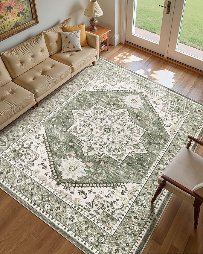 Washable Area Rug-10X14 Vintage Neutral Soft Green | Non Slip Thin Foldable Large Floor Carpet for Living Room Bedroom Kitchen Dining Room Home Office Farmhouse Indoor