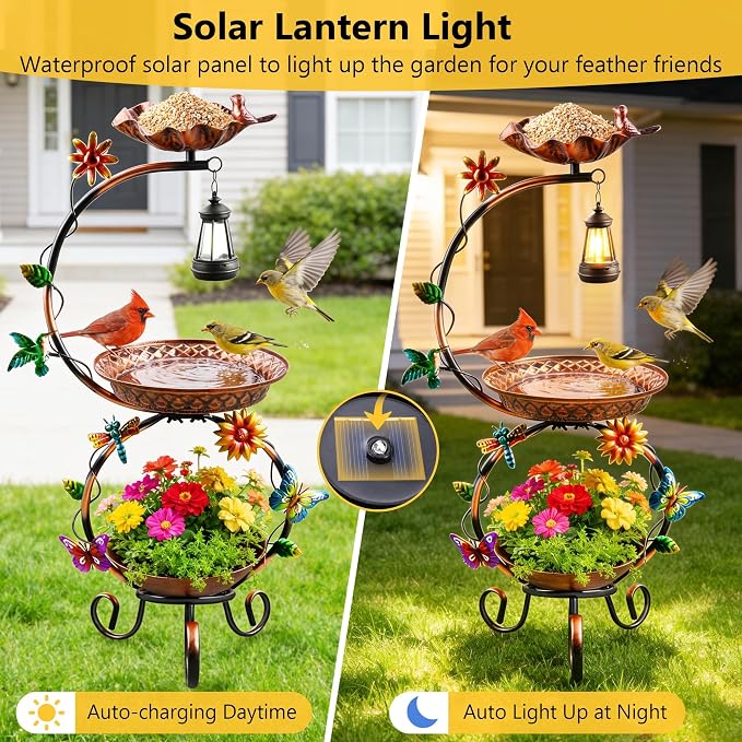 Metal Bird Bath for Outside, 3 in 1 Large Bird Birdbaths for Outdoors with Solar Lamp & Flower Planter Pedestal, Vintage Freestanding Bird Feeder Water Bowl for Garden Yard Lawn Decor, Bronze