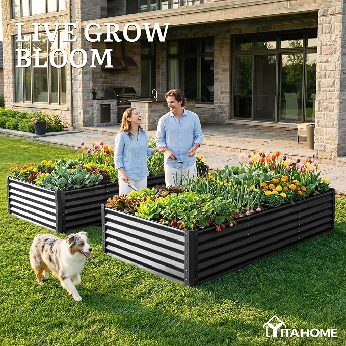YITAHOME 8x4x1.5ft Galvanized Raised Garden Bed, Metal Planter Box with Safety Rubber, Gloves, Outdoor Flower Bed for Planting Plants Vegetables, Black