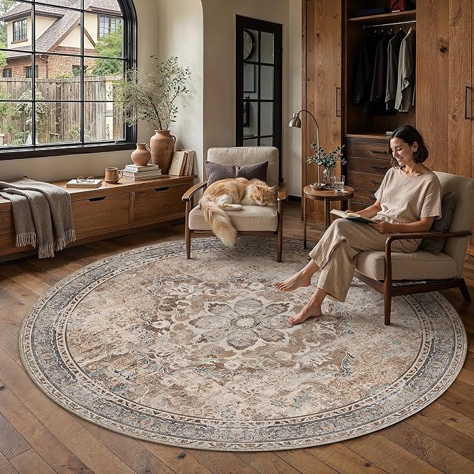 Brown Round Rug 6x6 Living Room Vintage Floral Non-Slip Carpet | Machine Washable, Soft, Low Pile, Distressed, Large for Bedroom, Dining Room, Office, Retro Farmhouse Decor