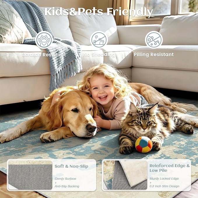 8x10 Rugs for Living Room - Modern Abstract Washable Rug, Ultra Soft Non Slip Low Pile Large Rugs, Floor Carpet for Bedroom Dining Room Office Laundry Nursery Home（Blue&Beige）