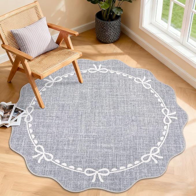 GarveeHome 4ft Round Rugs Washable Scalloped Bow Rug for Bedroom, Grey | Non Slip Soft Low Pile Ultra-Thin Stain Resistant Indoor Carpet for Living Room Nursery Girls Dorm Decor Kids Room Playroom