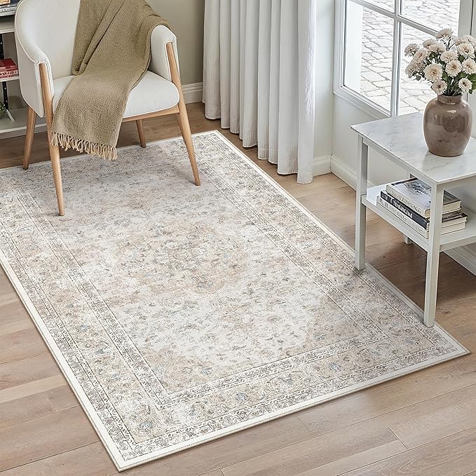 3x5 Washable Area Rug Beige Grey Non Slip Vintage Carpet | Low Pile, Stain Resistant, Living Room, Kitchen, Bedroom, Entryway, Nursery, Laundry Room, Soft, Thin, Lightweight
