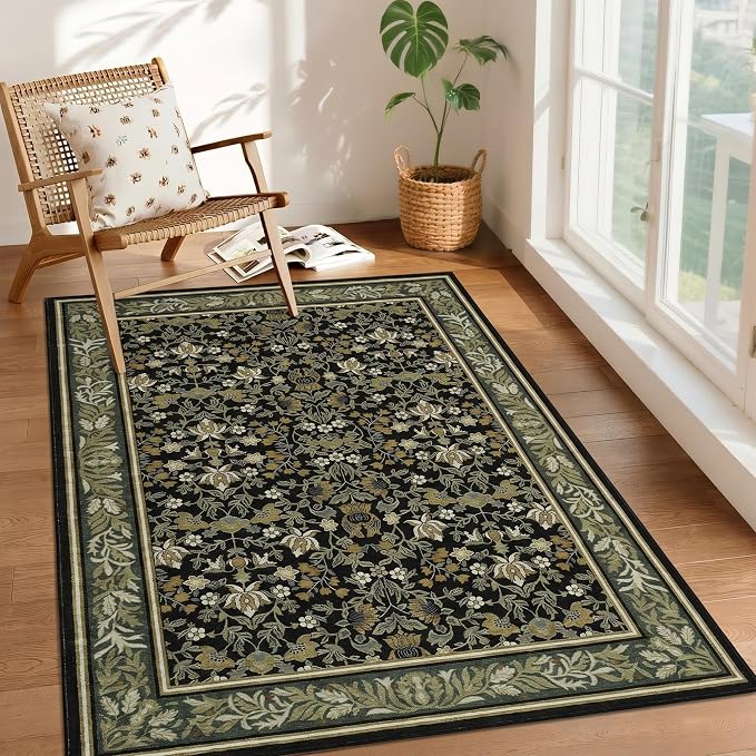 GarveeHome Washable 3x5 Entryway Rugs Non Slip Kitchen Area Rug Green Black | Boho Vintage Soft Low Pile Stain Resistant Indoor Carpet for Living Room Bedroom Hallway Nursery Home Office