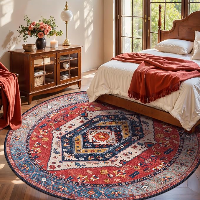 SERISSA 8ft Washable Non Slip Round Boho Area Rug for Living Room，Rust | Ultra Soft Vintage Oriental Carpet Low-Pile Large Circular Carpet for Bedroom Dining Room Kids Room Office College Dorm