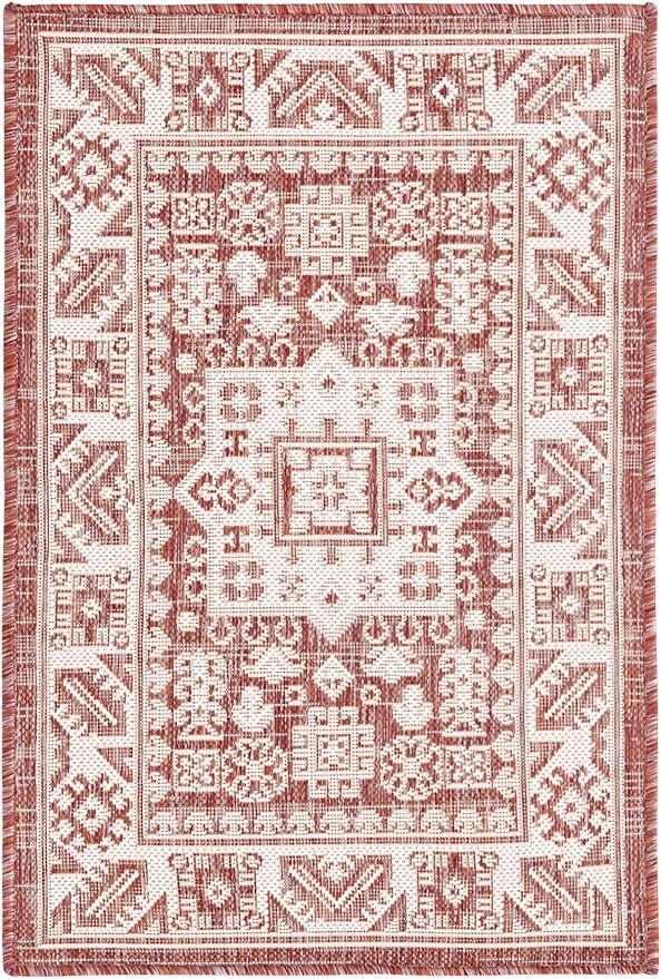 Unique Loom Outdoor Aztec Collection Area Rug - Chalca (2' 2" x 3' 1" Rectangle, Rust Red/ Ivory)