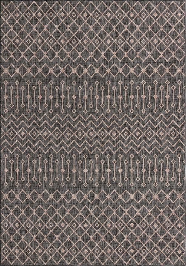 Unique Loom Outdoor Trellis Collection Area Rug - Tribal Trellis (10' x 14' 1" Rectangle, Charcoal Gray/ Natural)