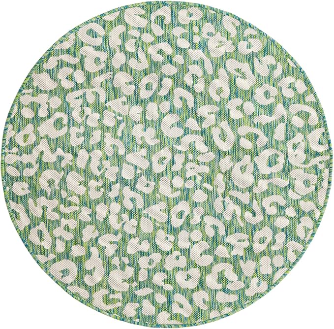 Unique Loom Outdoor Safari Collection Area Rug - Leopard (4' 1" Round, Green Blue/ Ivory)