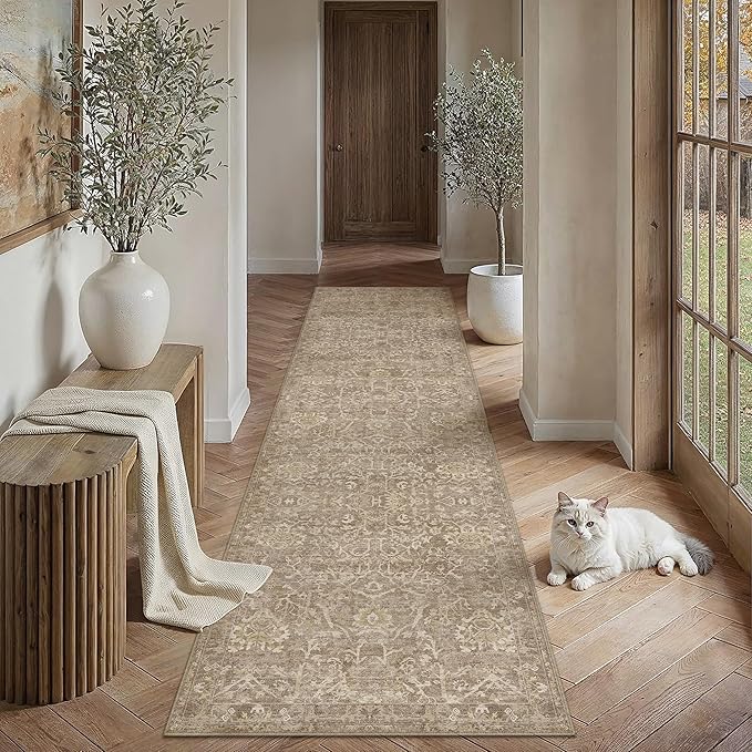 3x10 Light Brown Vintage Floral Washable Runner Rug for Hallway | Low Pile, Non Slip, Retro Style, Soft Distressed Indoor Rug for Entrance, Kitchen, Bedroom, Laundry Room, Home Decor