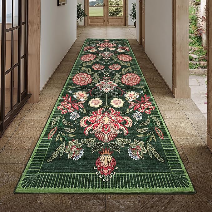 GarveeHome Forest Green Floral Botanical 2.5x8 Washable Kitchen Runner Rugs Non Slip Vintage Boho Cottage Long Rug for Hallways Bedroom Entryway Bathroom Mat with Rubber Back