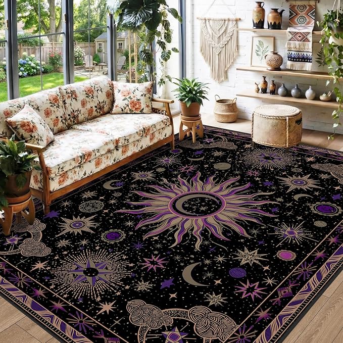 Vacuum-Friendly, 5x7 Washable Area Rug, Black Purple Beige | Sun and Moon Boho Gothic Non-Slip Low Pile Living Roon Bedroom Dining Room Kitchen Entry Entryway Entrance Hallway Doormat