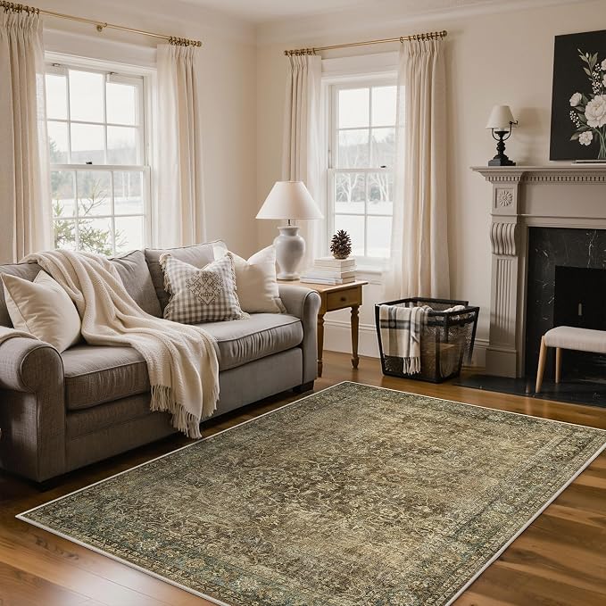 2'6" x 8' Kitchen Runner Rug, Washable Non Slip, Brown Olive | Vintage Floral Design, Spill Resistant Lightweight Low Pile Carpet for Hallway, Bedroom, Laundry Room, Bathroom