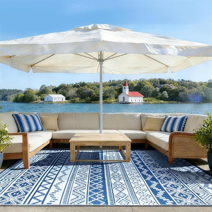 Blue Outdoor Rug Waterproof 5 x 8 ft, Reversible Plastic Straw Rug for Patio, Large Outdoor Carpet for RV, Patio, Camping, Backyard, Deck, Picnic, Beach, Navy & White