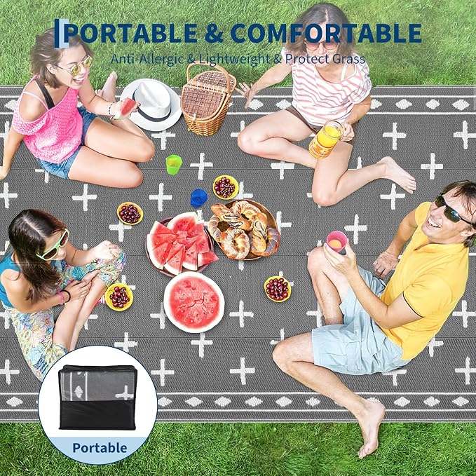 Outdoor Rug 9x12 Modern Area Rugs for Indoor and Outdoor Patios and Porches - Waterproof, Washable, Non-Shedding, Easy-to-Clean Outside Carpet，Grey/White