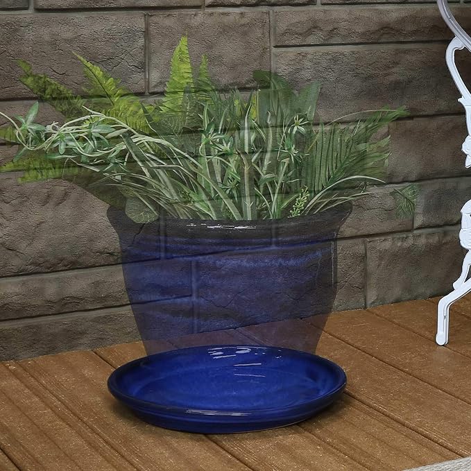 Sunnydaze 12-Inch Ceramic Plant Saucers - Plant Drip Trays for Outdoor Planter Flower Pot Drainage - Set of 2 - Imperial Blue