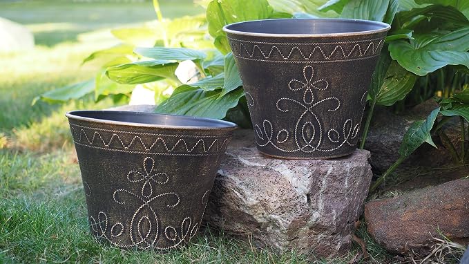 Pack of 2 Decorative Planter Rustic Medieval/French Country Look Flower Nursery Pot for Indoor, Outdoor, Garden, Patio, Office, Home Decor Use. Long Lasting, Reusable Light Weight (Gold)