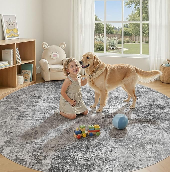 Nakagishi 8X8 Abstract Washable Area Rugs for Living Room-Grey | Modern Non-Slip Silicone Backing Low Pile Soft Carpet for Bedroom Dining Decor Ideal for Families with Kids and Pets