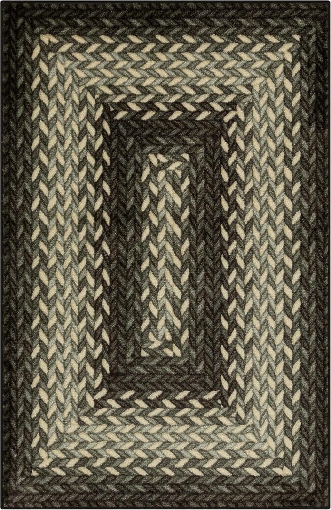 Maples Rugs Marion Bohemian Braided-Style Print Area Rug – Made in USA – Washable, Non-Slip Low-Profile Small Indoor Rug for Entryway & Kitchen, 46" x 30", Black