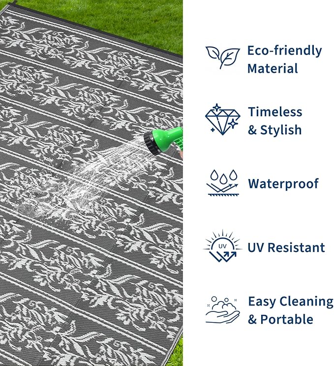 Garvee Outdoor Rugs 8x10 Waterproof Reversible Mat Boho Leaf Patio Rug with 4 Stakes and Starage Bag, Large Outdoor RV Mat Rugs for Camping, Picnic, Balcony, Deck, Backyard, Grey & White