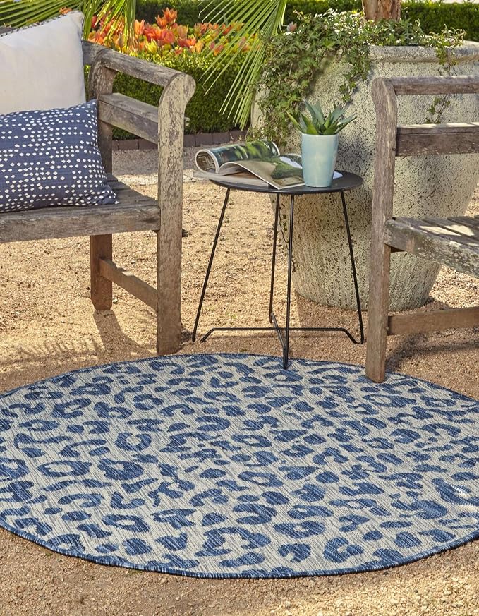 Unique Loom Outdoor Safari Collection Area Rug - Leopard (7' 10" Round Blue/Gray)