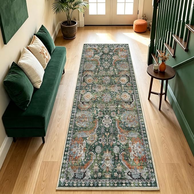 Washable Area Rugs - Perfect for Living Room, Bedroom, Kids Room, Nursery - Stain & Water Resistant Non-Slip, Pet & Child Friendly, Vintage Tribal Area Rugs (Green, 2'6'' x 8')