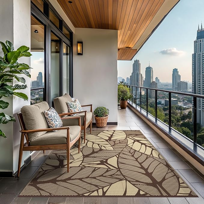 GENIMO Outdoor Rug 6' x 9' Waterproof for Patio Clearance, Reversible Plastic Straw Camping Carpet, Lightweight Mat for Rv, Camper, Deck, Porch, Picnic, Balcony, Beach,Dark Coffee & Beige