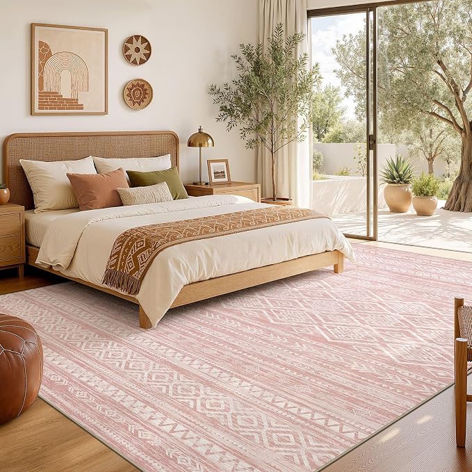 Nakagishi Area Rug Living Room Rugs: 5x7 Large Soft Machine Washable Boho Moroccan FarmNeutral Stain Resistant Indoor Floor Carpet for Bedroom Under Dining Table Home Office Decor-Pink